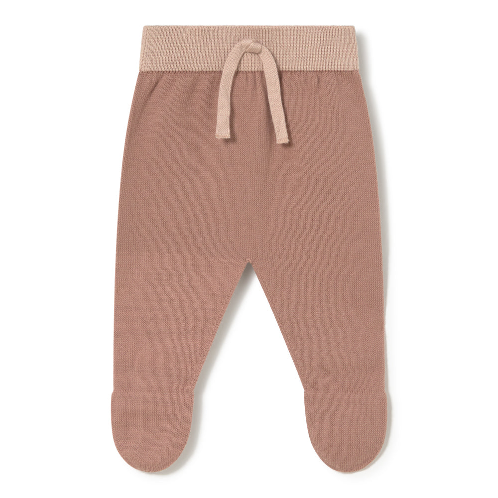 A pair of baby knit footed pants in a dusty rose pink color, featuring a matching ribbed elastic waistband and drawstring.