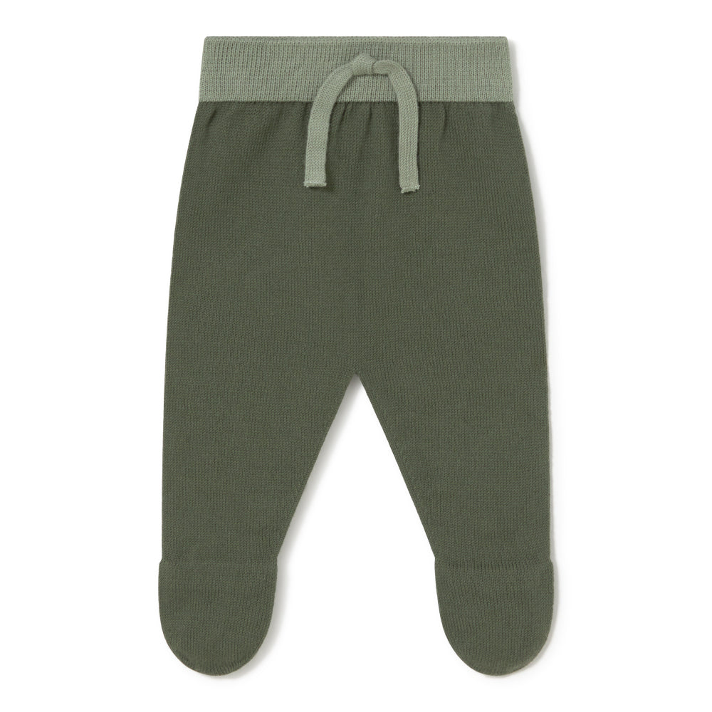 A pair of infant knit footed pants in olive green, featuring a ribbed waistband and matching drawstring.