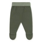 A pair of infant footed knit pants in olive green, featuring a ribbed elastic waistband and toe caps, shown flat against a white background.
