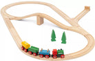 Wooden train set with tracks and toy train on a white background