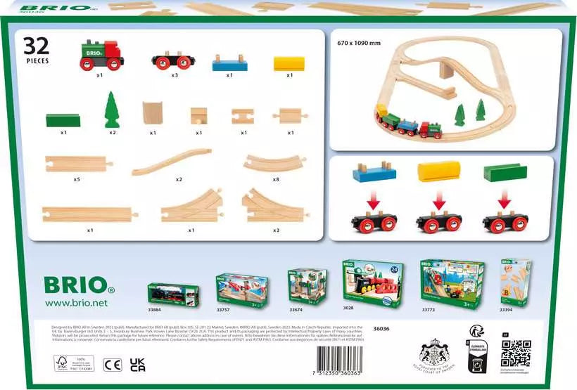 BRIO train set packaging with track pieces and train on a white background