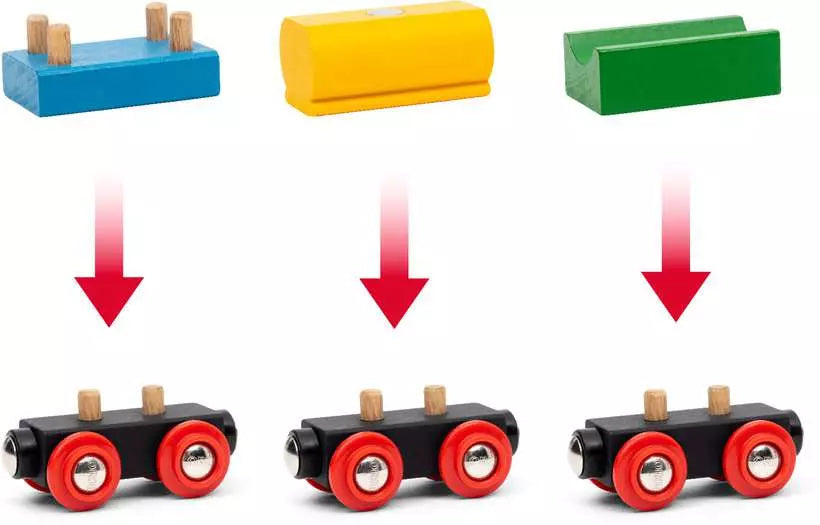 Colorful wooden train track pieces with arrows indicating direction on a white background
