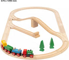 Wooden train set with tracks and trees on a white background