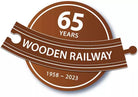 Logo celebrating 65 years of Wooden Railway with a brown and white design.
