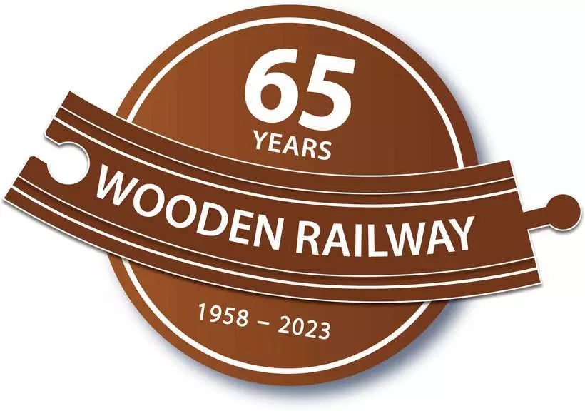 Logo celebrating 65 years of Wooden Railway with a brown and white design.
