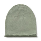 A light sage green knit beanie hat with a ribbed cuff, shown flat against a solid white background.