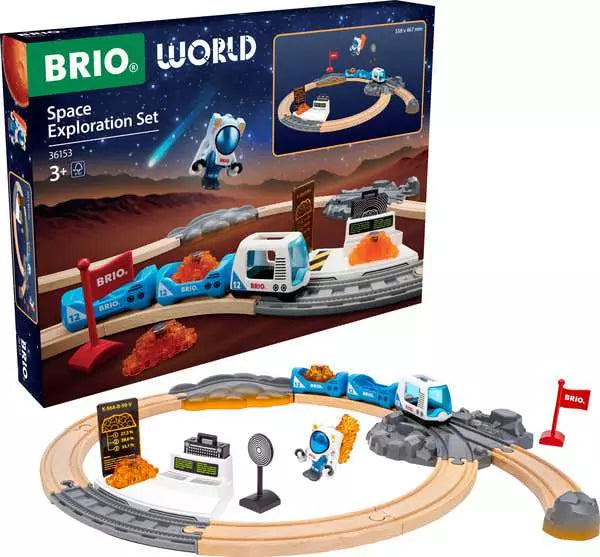 Brio World Space Exploration Set toy train track and train set displayed in front of its retail box on a white background. The set includes wooden train tracks, a blue and white train, a small astronaut figure, a station platform, and space-themed accessories.