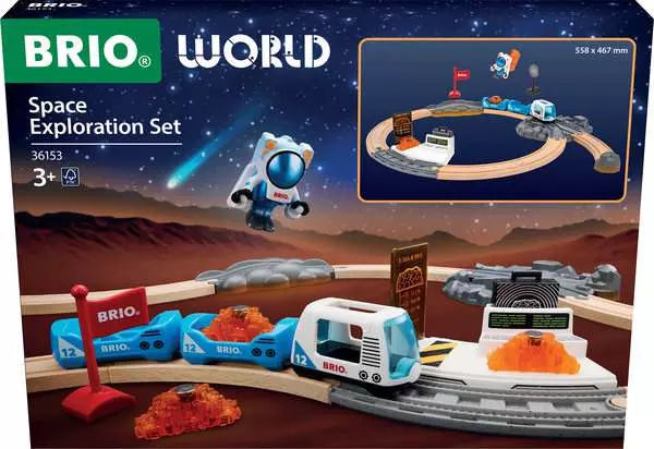 Brio World Space Exploration Set toy train track and train set displayed in front of its retail box on a white background, featuring wooden tracks, a blue and white train, an astronaut figure, and space-themed accessories.