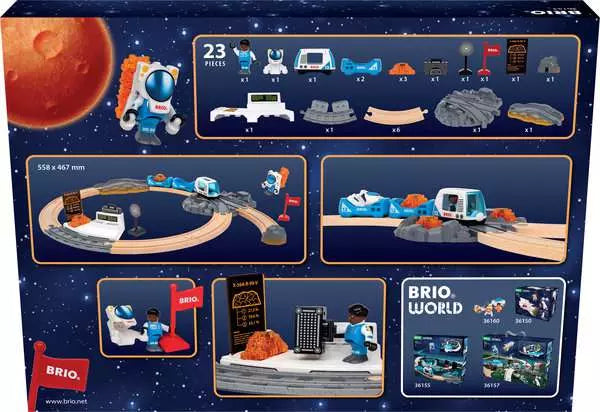 Back of the Brio World Space Exploration Set retail box featuring product contents, layout examples, and space-themed illustrations against a cosmic background.