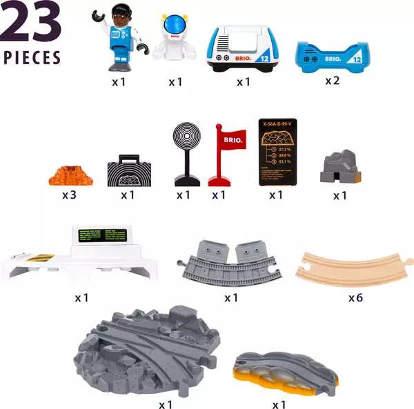 Brio World Space Exploration Set contents layout showing all 23 pieces on a white background, including an astronaut figure, spacesuit, space shuttle wagon, two cargo wagons, orange mineral rocks, a suitcase, a radar/flag accessory, a control panel, rock formations, a research lab station, gray terrain tracks, wooden tracks, a terrain switch, and a scenic track, with the text "23 PIECES" in the top left corner.