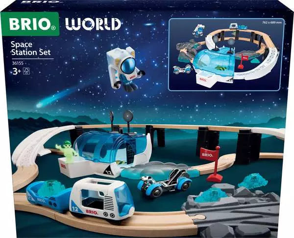 Space Station Set by Brio product box showing the assembled 40-piece wooden train and space exploration playset with a central blue-domed space lab, elevated planetary tracks, a space rover, an astronaut figure, and scenery pieces on a white background.