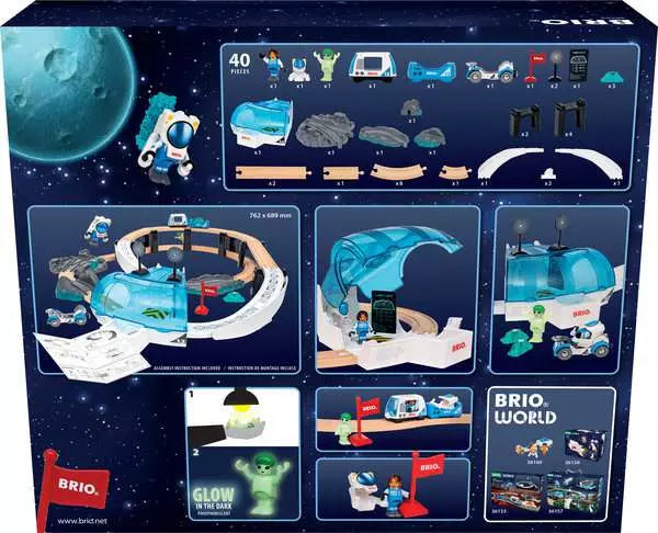 Space Station Set by Brio product box featuring cosmic artwork and inset photos showcasing the 40-piece wooden train and space exploration playset.