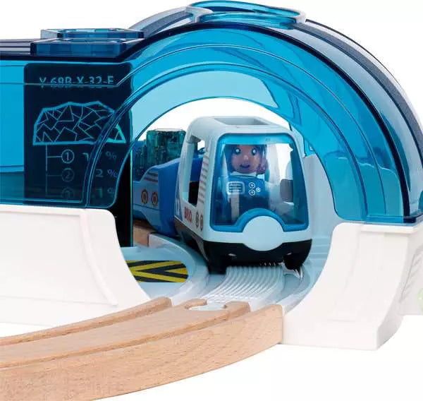 Space Station Set by Brio close-up view of the white monorail wagon carrying a figure through the open blue-domed space lab with wooden track leading inside.