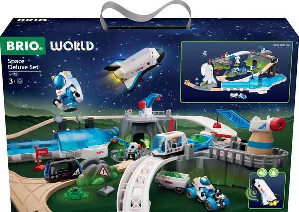 The Space Deluxe Set by Brio packaging box displaying the fully assembled toy layout on its cover, featuring a space station, shuttle, and wooden track system.
