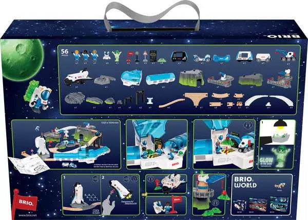 The back of the Space Deluxe Set by Brio packaging box detailing the 56 included parts, contents overview, and feature highlights such as magnetic astronauts and glow-in-the-dark elements.