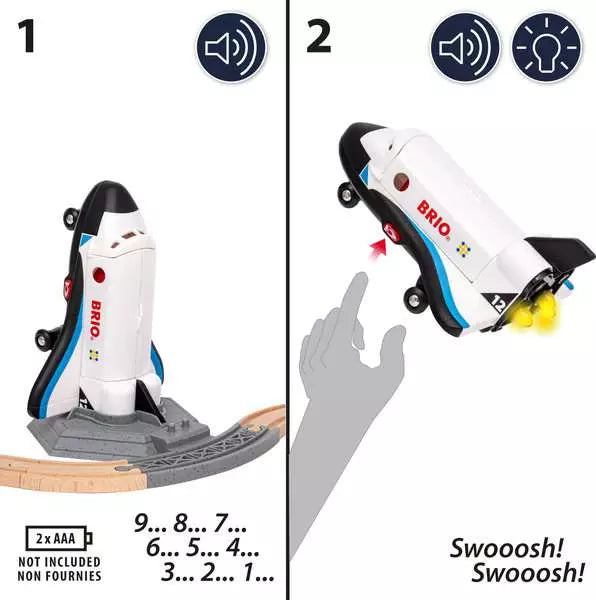 A two-panel instructional graphic for the Space Deluxe Set by Brio space shuttle: panel 1 shows the rocket on a launchpad with battery requirements and a countdown sequence, and panel 2 shows a hand pressing the button to activate lights, sounds, and flight effects.