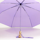 Purple umbrella with a wooden handle on a white background