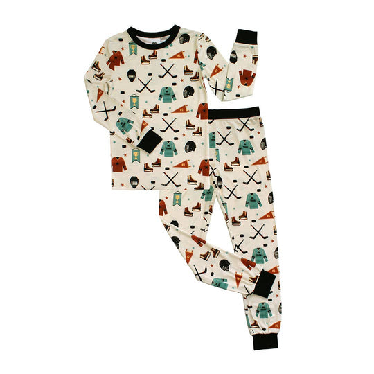 Hat Trick Hockey Two-Piece Bamboo Short Sleeve Pajama Kids Pants Set by Emerson and Friends