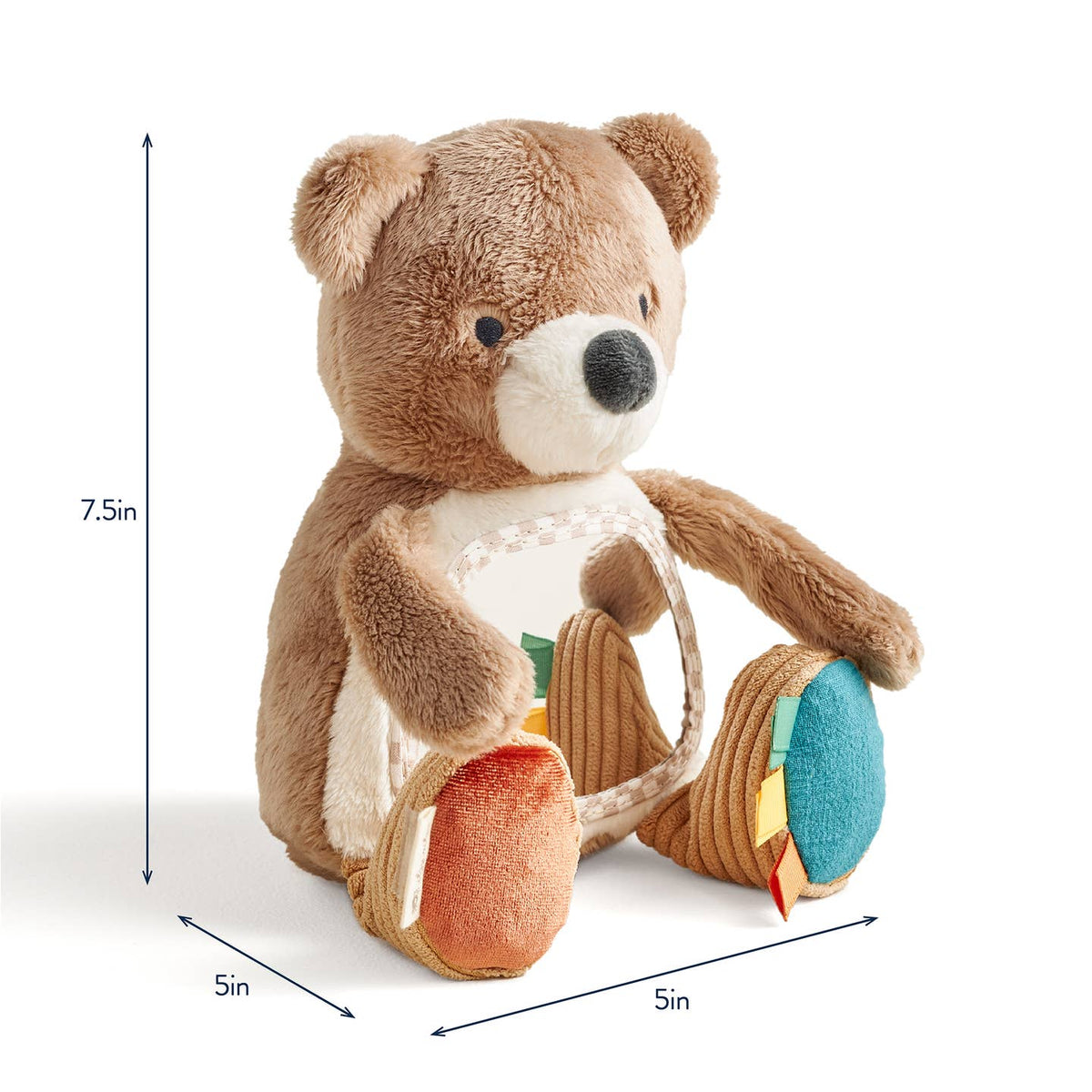 Plush teddy bear with wheels and measurements on a white background
