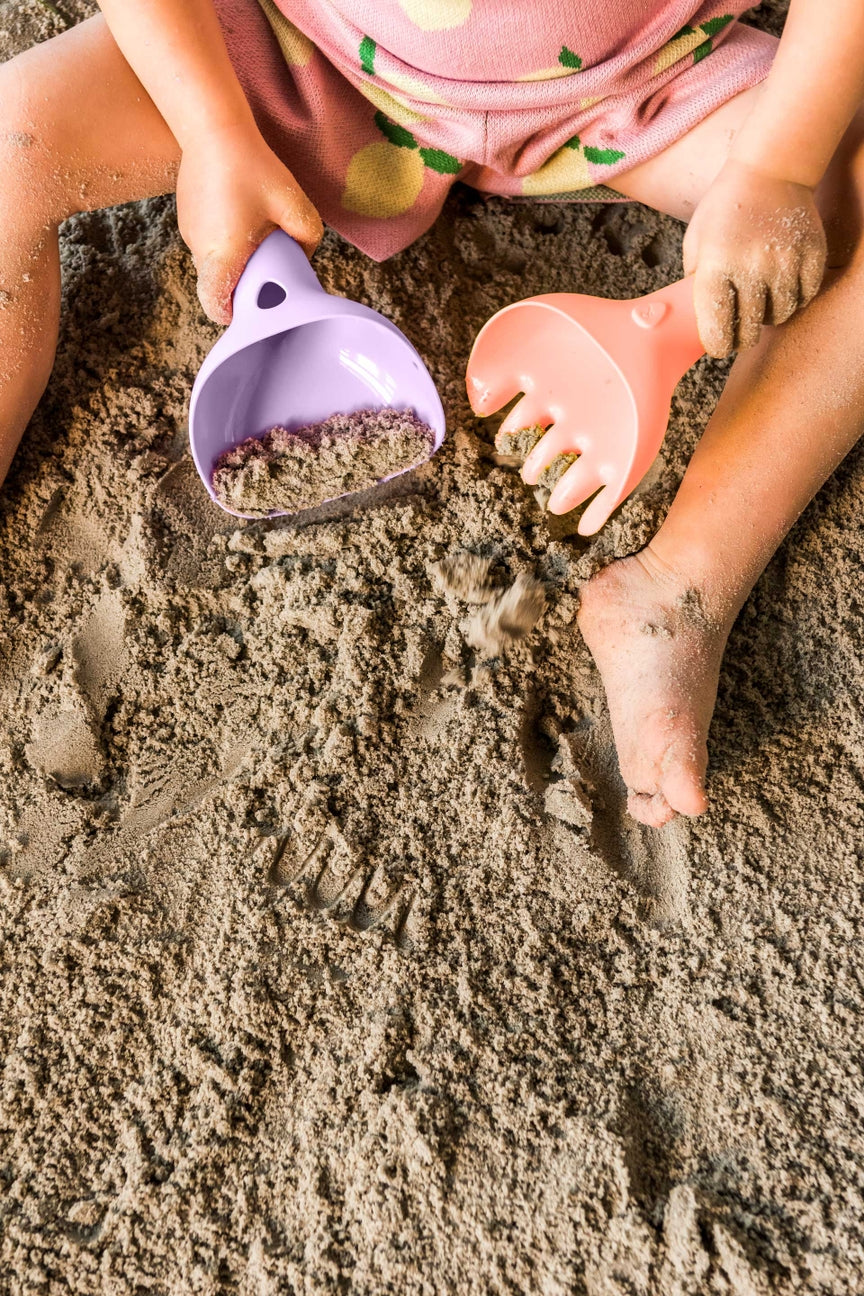 Children playing in sand with toys on a beach