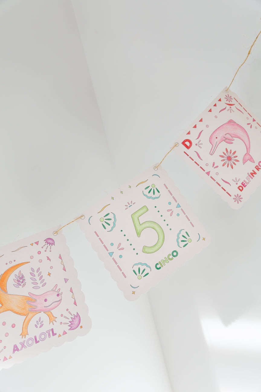 A close-up of a decorative banner with three triangular flags hanging on a string against a white wall. The center flag says “5” and “Díaá” in green and pink lettering, decorated with small green and pink motifs.