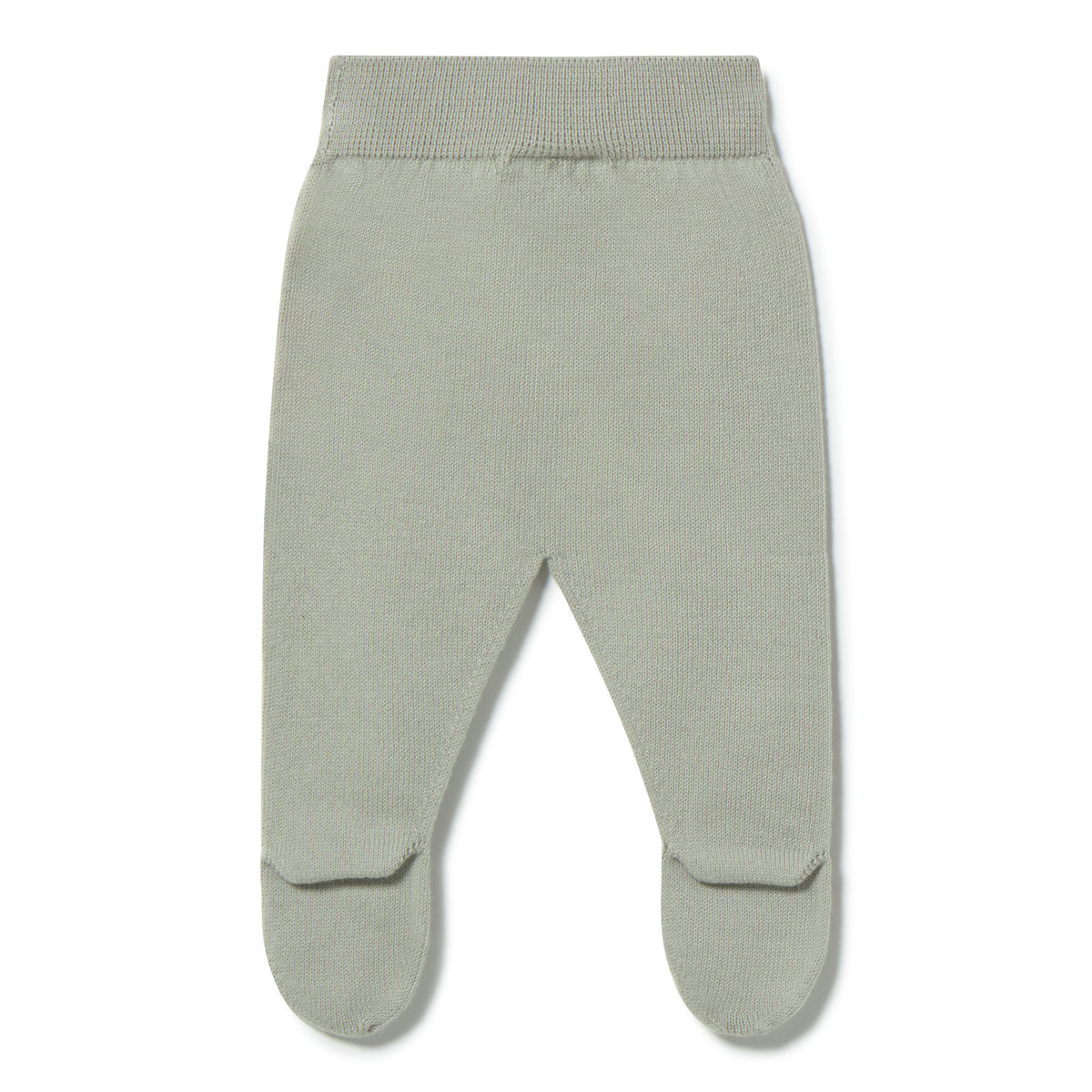 Green baby pants with footies on a white background