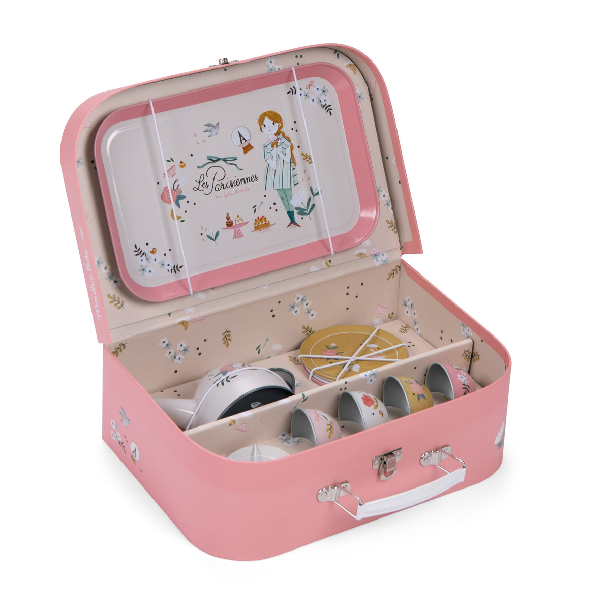 Pink sewing kit with open lid showing various sewing items on a white background