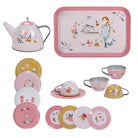 Children's tea set with pink and white design on a white background