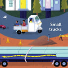 Illustration of a small truck with passengers on a road, surrounded by construction elements.