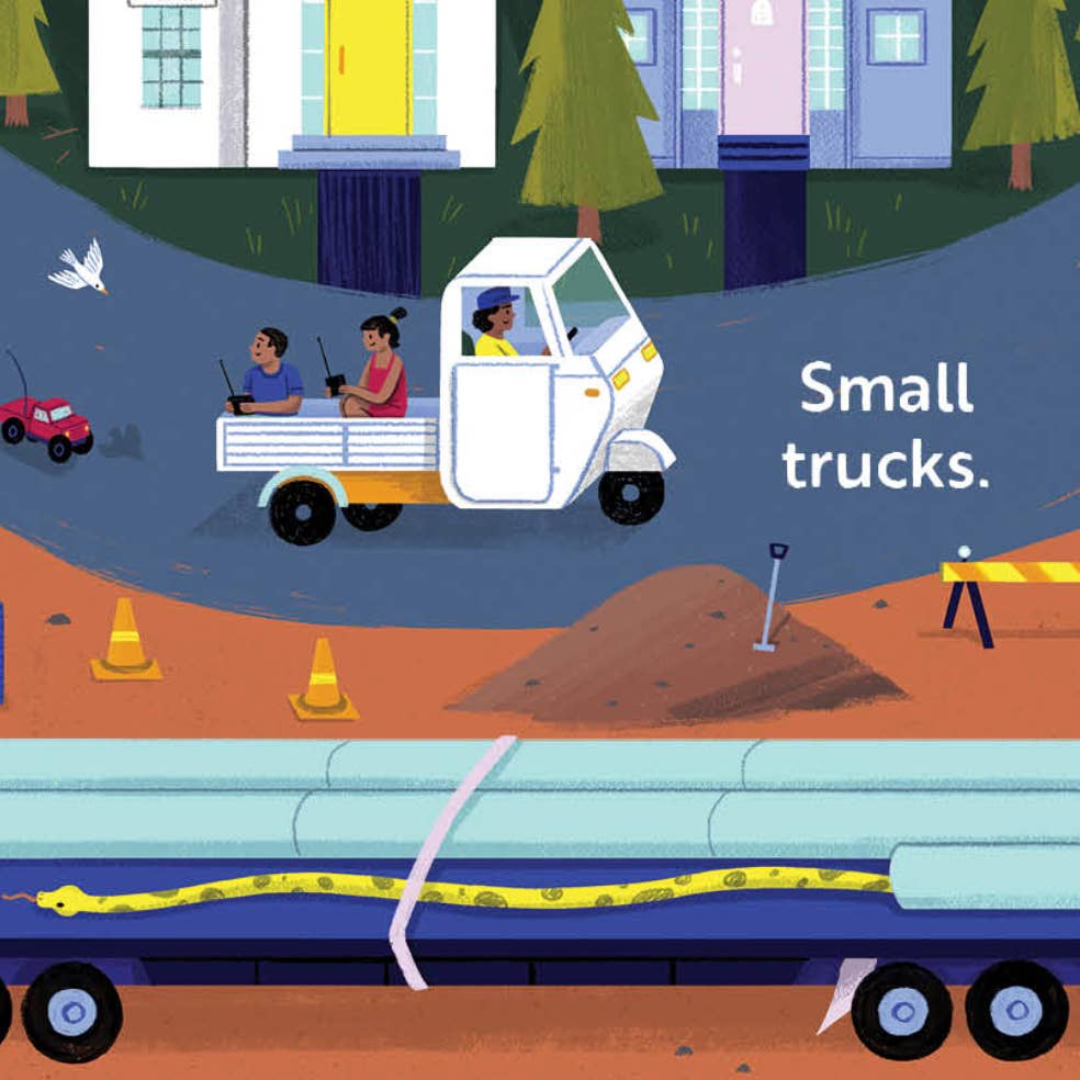 Illustration of a small truck with passengers on a road, surrounded by construction elements.