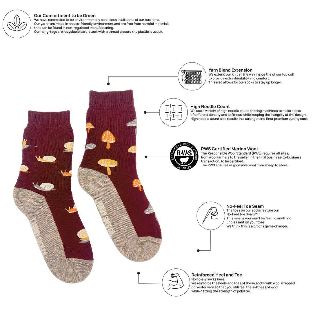 A product infographic for a pair of crew socks. The socks are dark burgundy with a forest pattern of mushrooms, pine trees, and birds, paired with heather gray cuffs and toes.