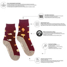 A product infographic for a pair of crew socks. The socks are dark burgundy with a forest pattern of mushrooms, pine trees, and birds, paired with heather gray cuffs and toes.