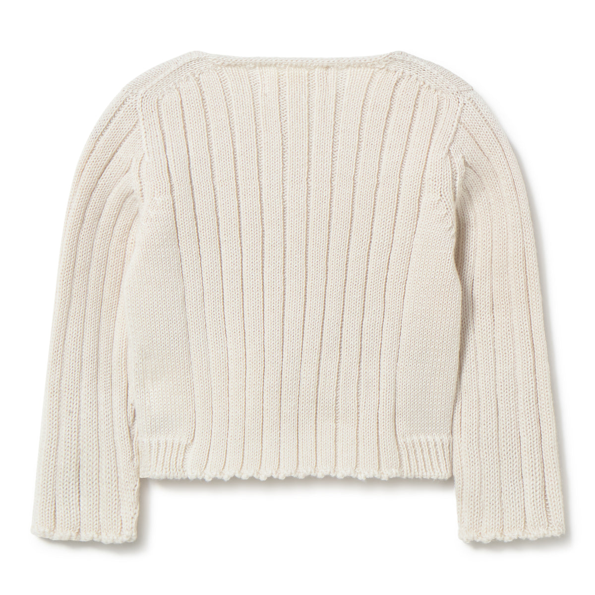 Beige ribbed knit cardigan on a white background