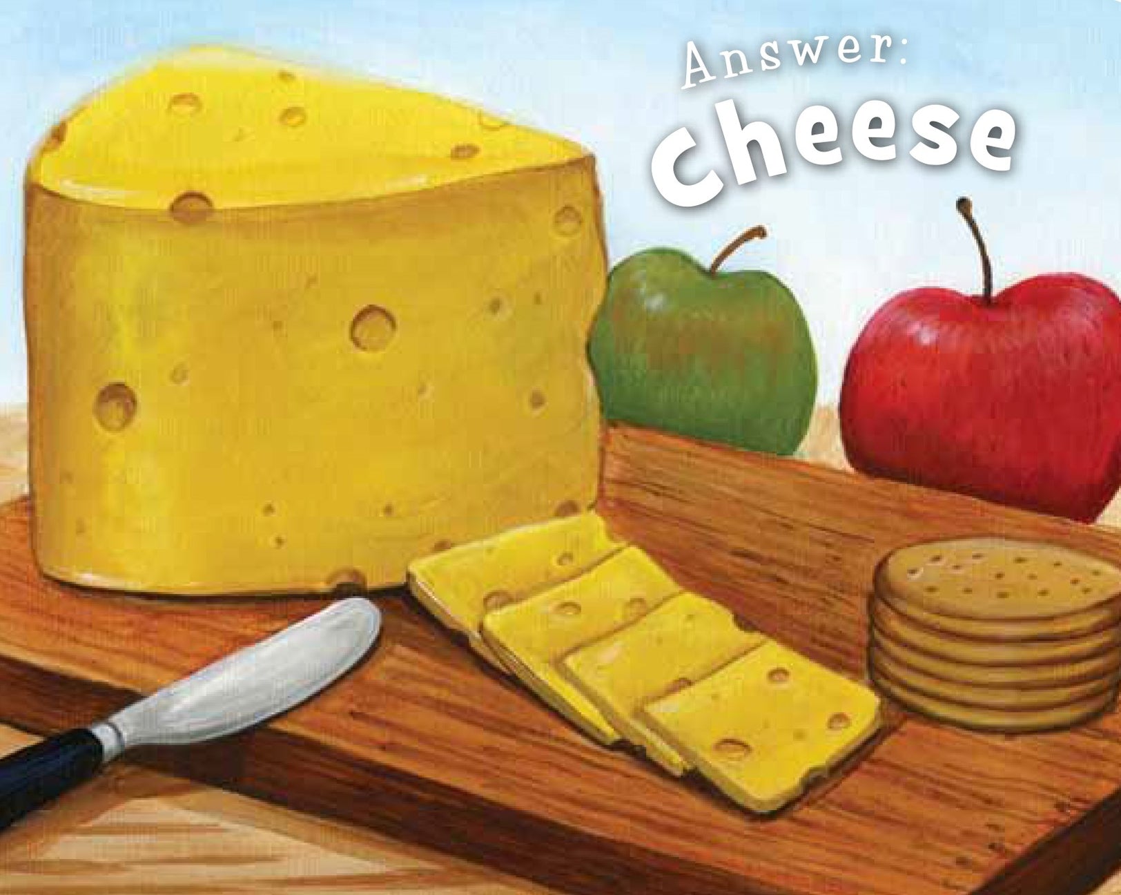 Illustration of a round cheese block with slices, crackers, and apples on a wooden board.