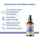 Motherlove Birth & Baby Oil bottle with usage instructions on a white background