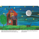 Illustration of a child looking out of a window at a house with a tree and cat, under a starry night sky with a moon.