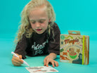 Children's cartoon animals and a pen on a blue background