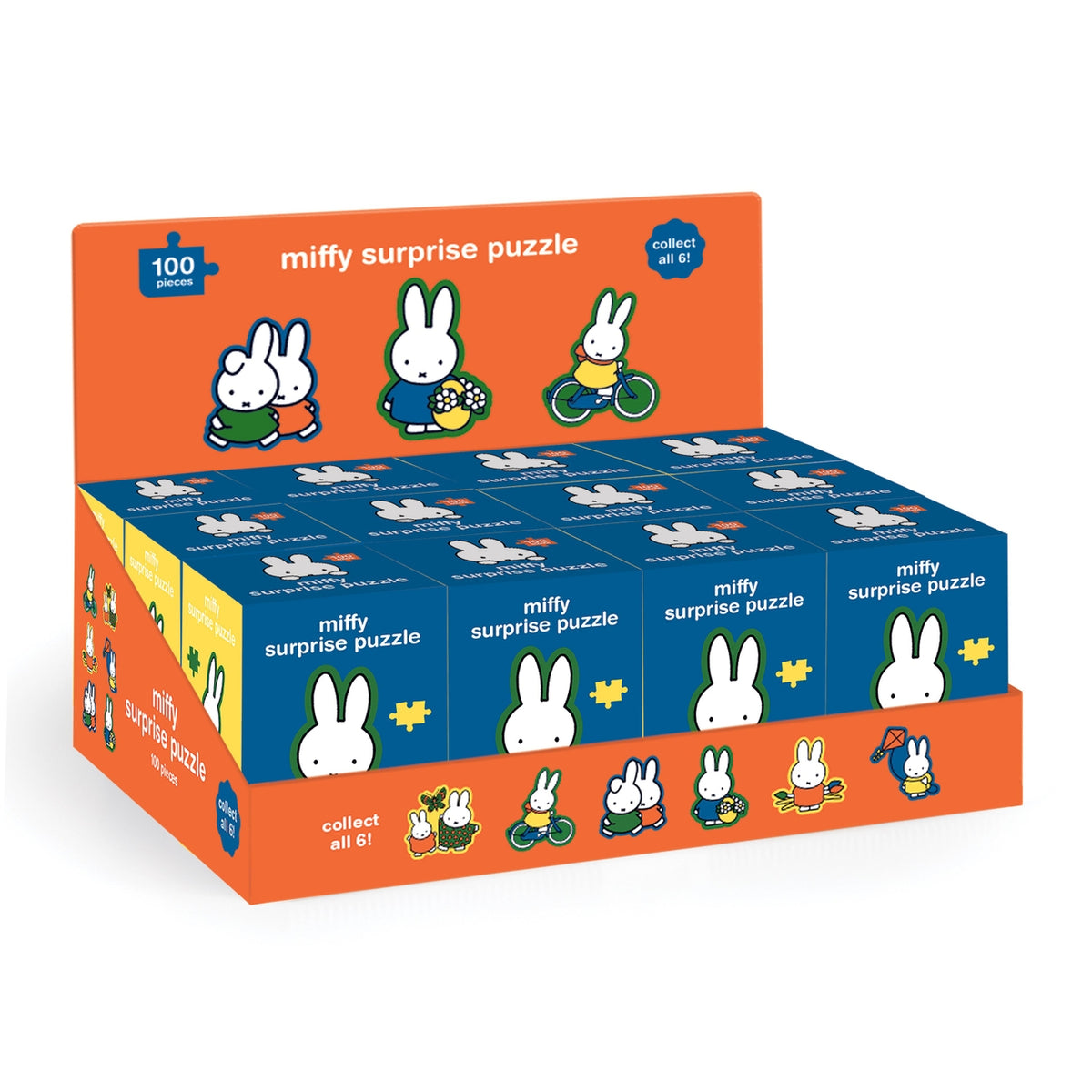 Box of Miffy surprise puzzles with colorful packaging featuring cartoon rabbits.