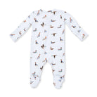 A baby long-sleeve footed sleeper in white, featuring an all-over print of various ducks and geese in muted brown, blue, and orange tones.