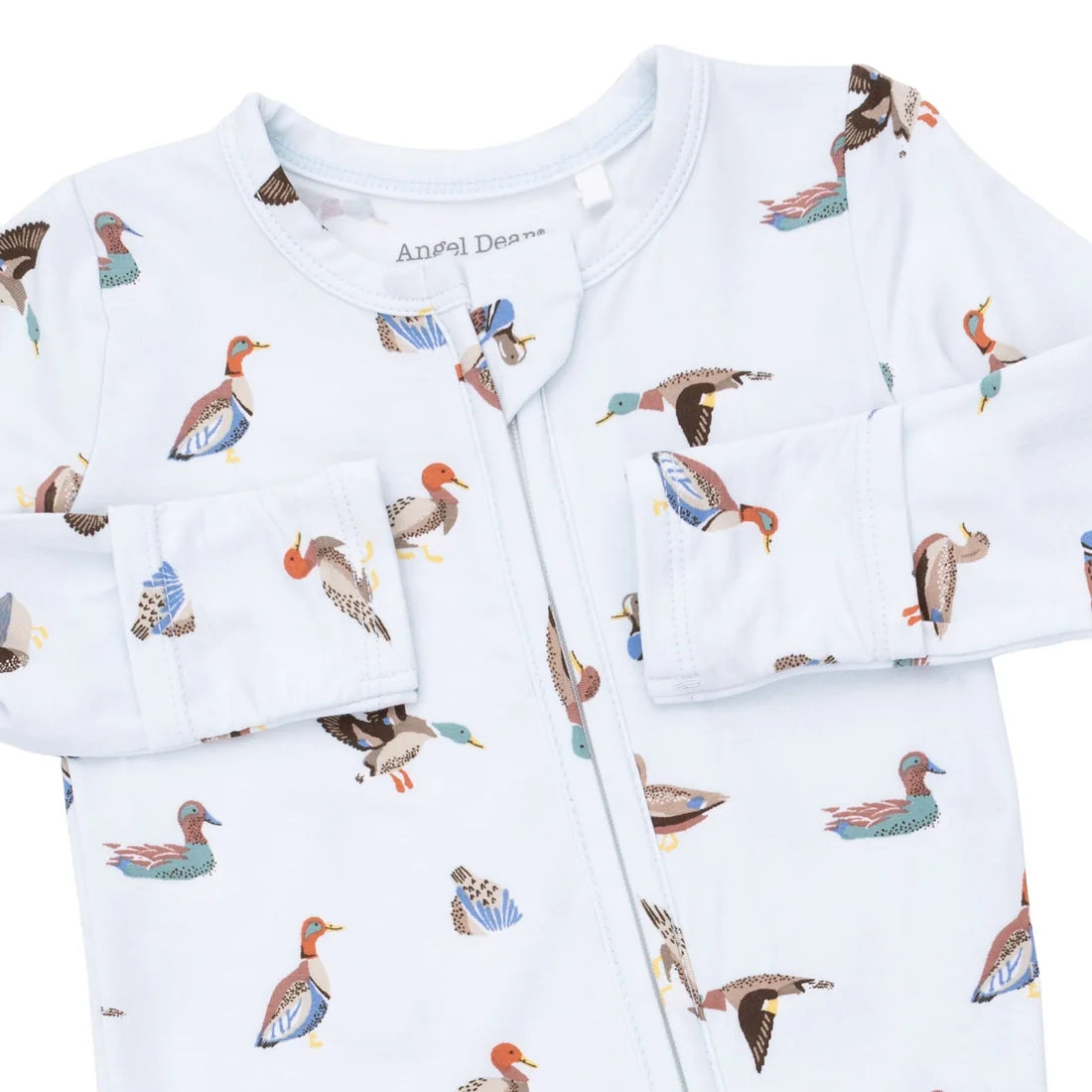 Featuring an all-over print of various ducks and geese in muted brown, blue, and orange tones.
