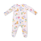 A baby long-sleeve footed sleeper in a pale pink color, decorated with a colorful cartoon breakfast pattern including pancakes, avocado, milk, and fruit.