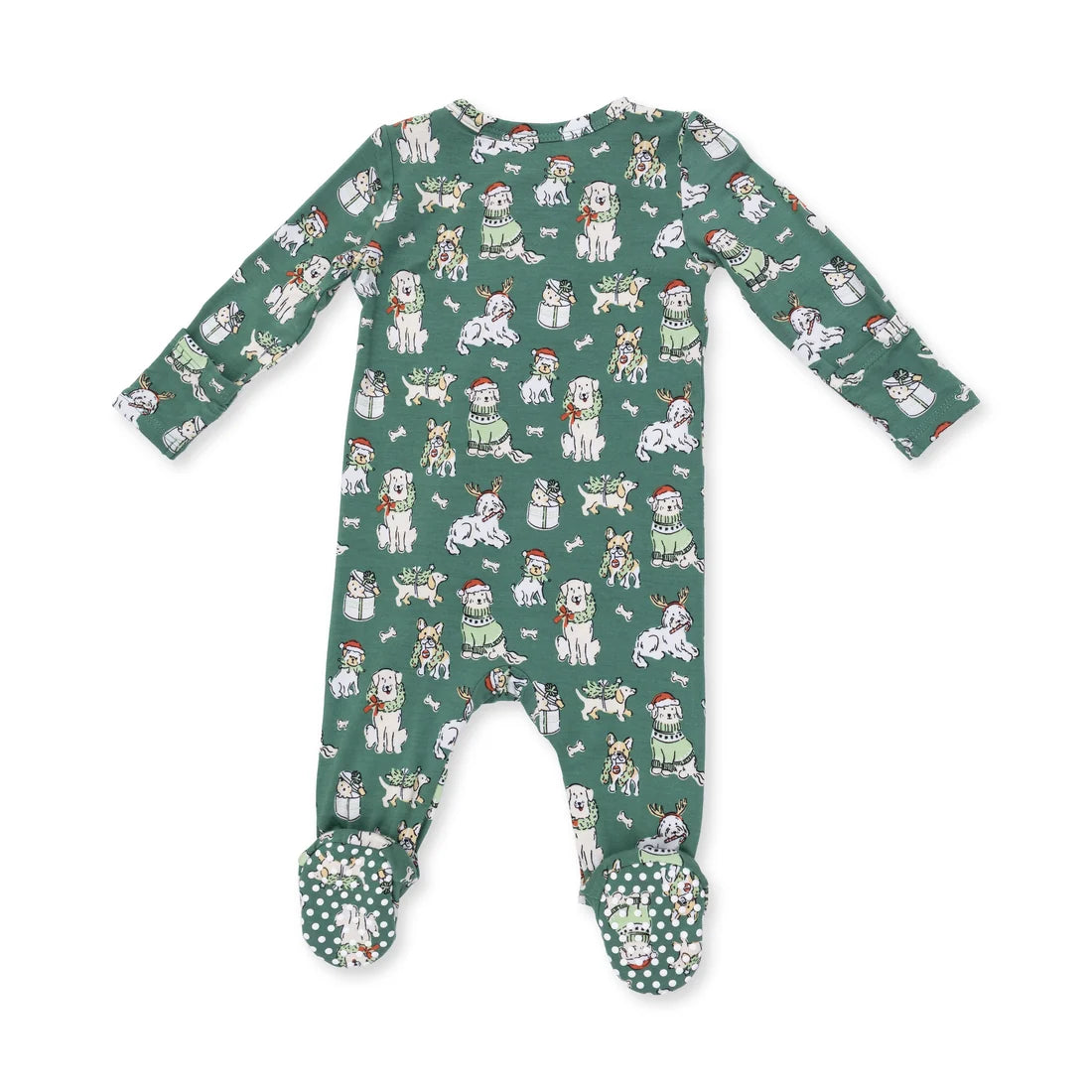 Green baby onesie with dog pattern on a white background