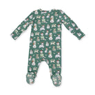Green baby onesie with dog pattern on a white background