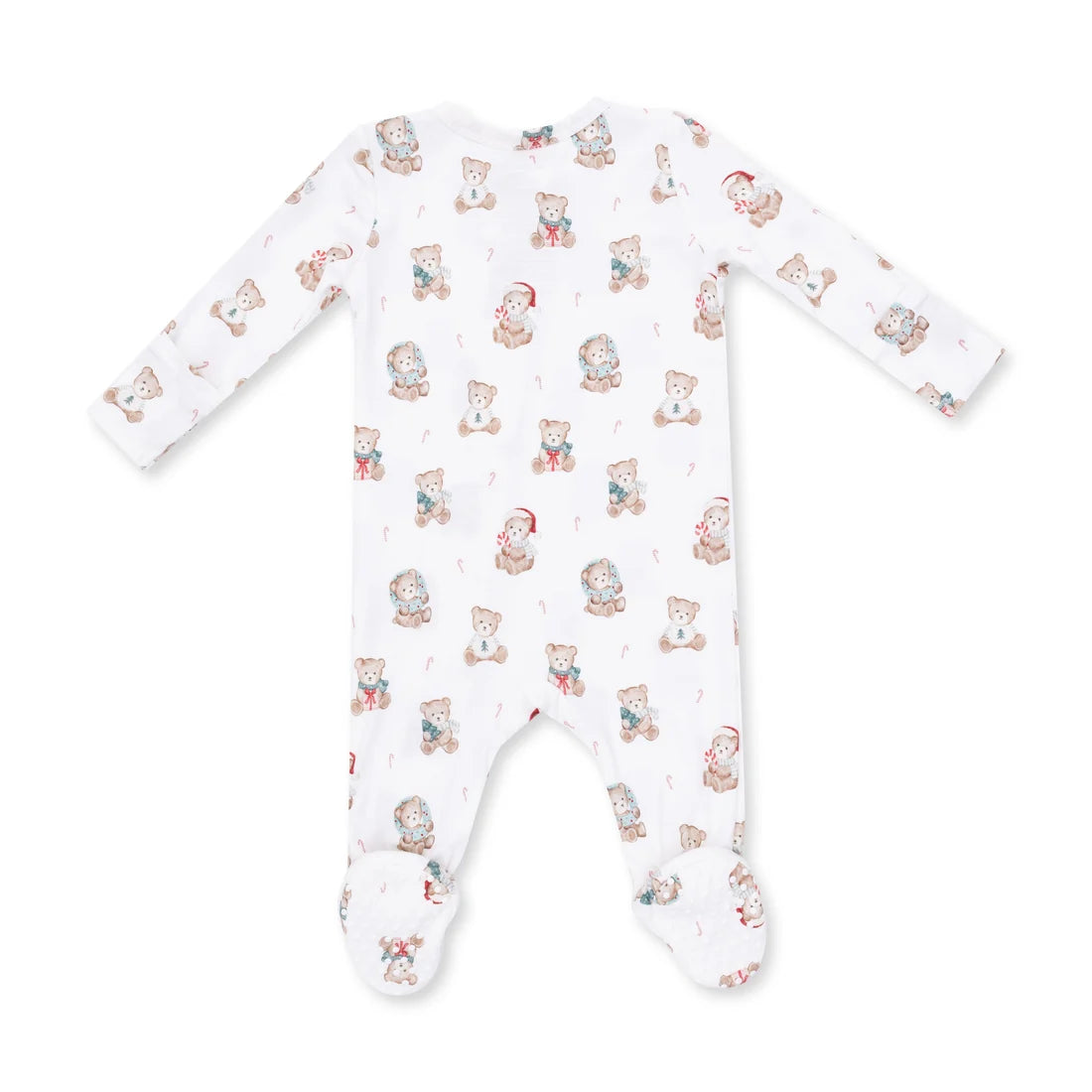 Baby onesie with teddy bear pattern on a white background