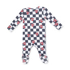 Baby long-sleeve footed sleeper with a black and white checkerboard pattern and red heart-shaped 'BOOM' graphics, shown on a white background.