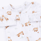 White long-sleeve baby sleep sack with an all-over print of brown foxes and small green grass accents, featuring a front zipper.