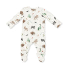 A baby footed sleeper with long sleeves and legs, featuring an all-over woodland safari print of moose, bison, bears, trees, and birds on an off-white background.