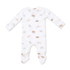 A white long-sleeve footed sleeper with an all-over print of small sleeping animals in beige, brown, and gray, laid flat on a white background.