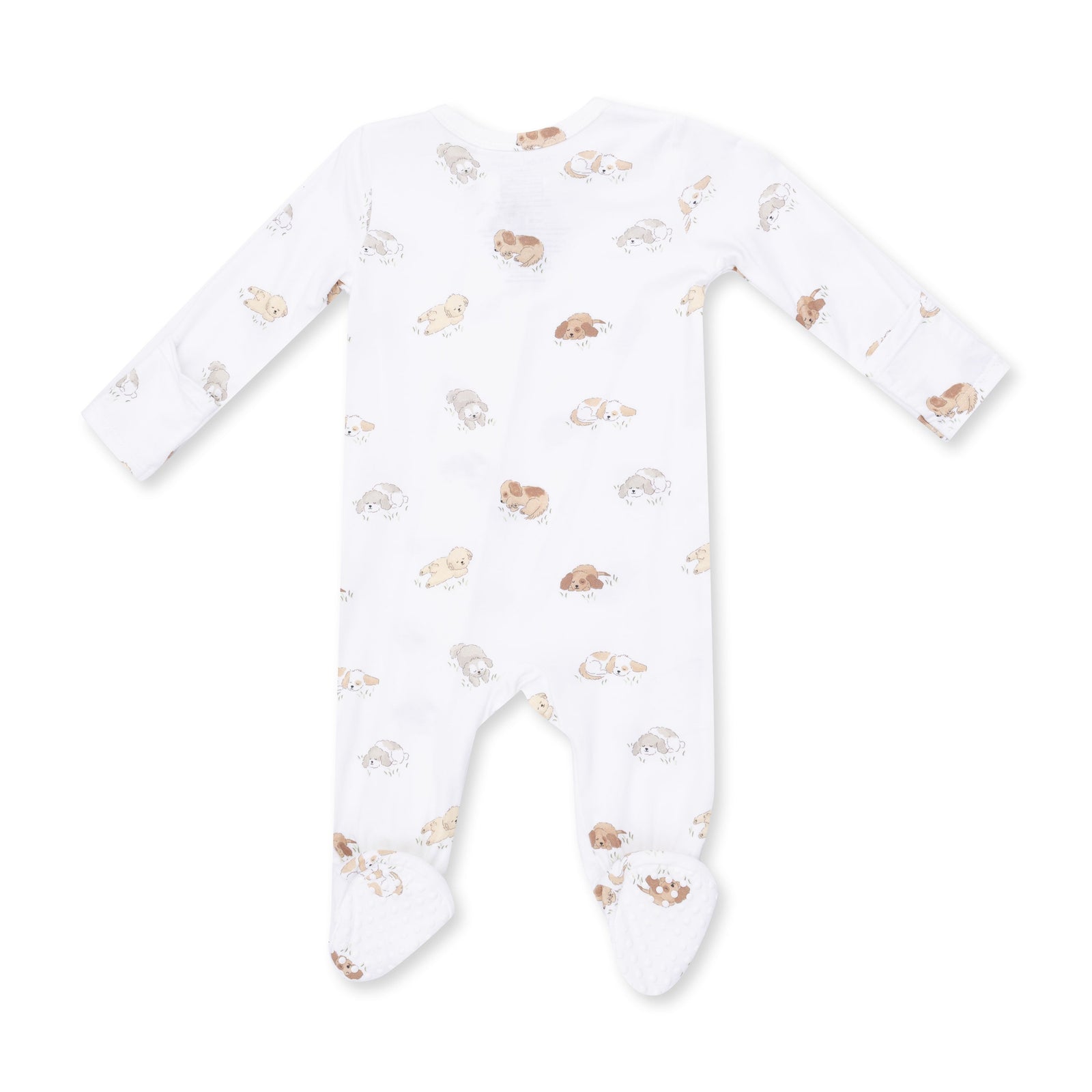 A white long-sleeve footed sleeper with an all-over print of small sleeping animals in beige, brown, and gray, laid flat on a white background.
