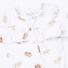 White baby sleep sack with an all-over print of small puppy illustrations in beige and brown, featuring a snap-button front and long sleeves.